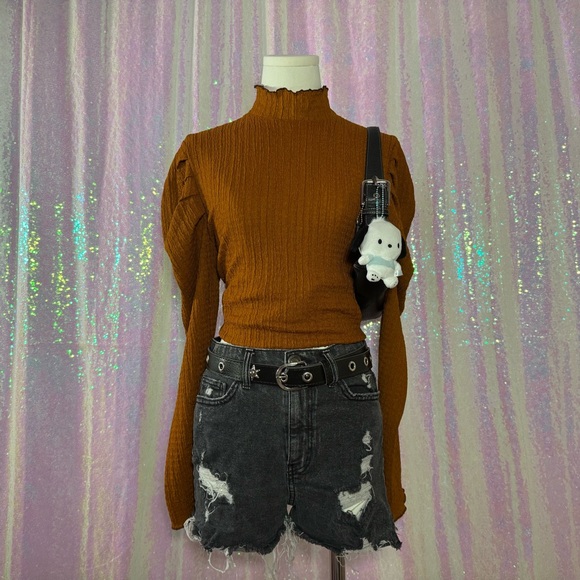 mustard yellow / burnt orange puff shoulder mockneck top - Picture 1 of 8